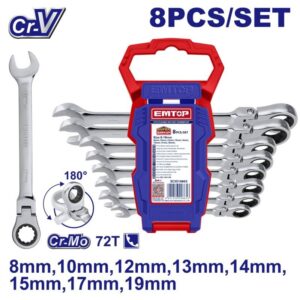 Set 8 pzs llaves combinadas articuladas c/criquet INDUSTRIAL 8-19mm EMTOP ECSS10803