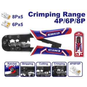 Pinza crimpeadora red 4/6/8P funcion pela y corta EMTOP EMPCR46801